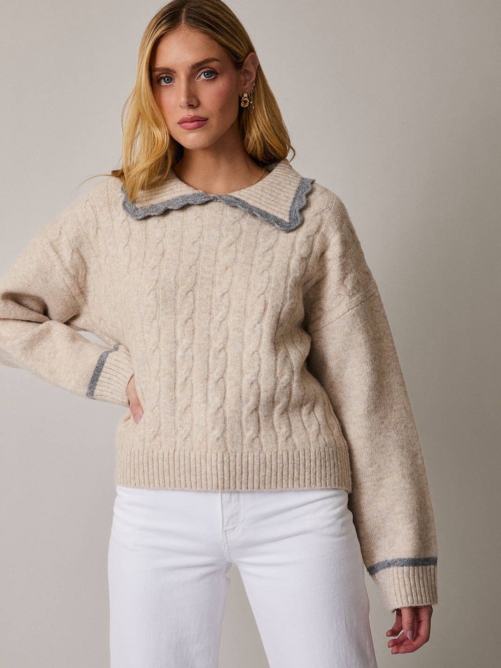Cream Cable Knit Sweater with Contrast Collar